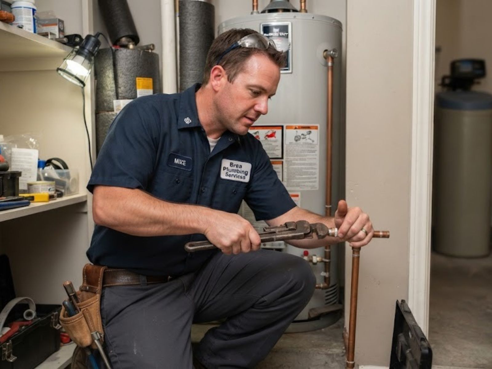 Licensed plumber repairing a residential water line in Brea, CA